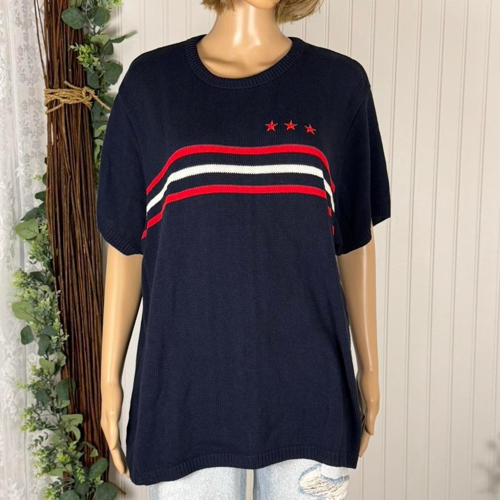Fashion Bug navy‎ knit short-sleeve sweater top with red and white stripe detail